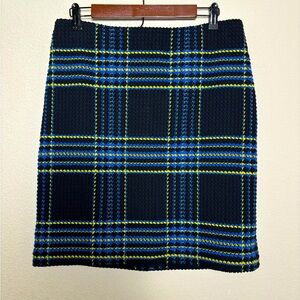 J. McLaughlin Tweed Straight Pencil Skirt Black with Blue and Yellow Plaid 8